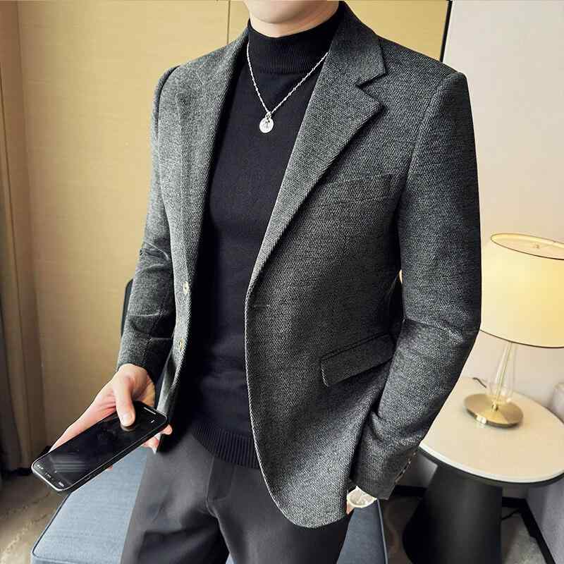 テーラードジャケット メンズ 男性用 厚手 ヘリンボーン柄 スリムフィット 2ボタン ウール混 ツイード 上質 シングルブレスト ノッチドラペル しわになりにくい ビジネス 通勤 秋冬 ア カジュアル